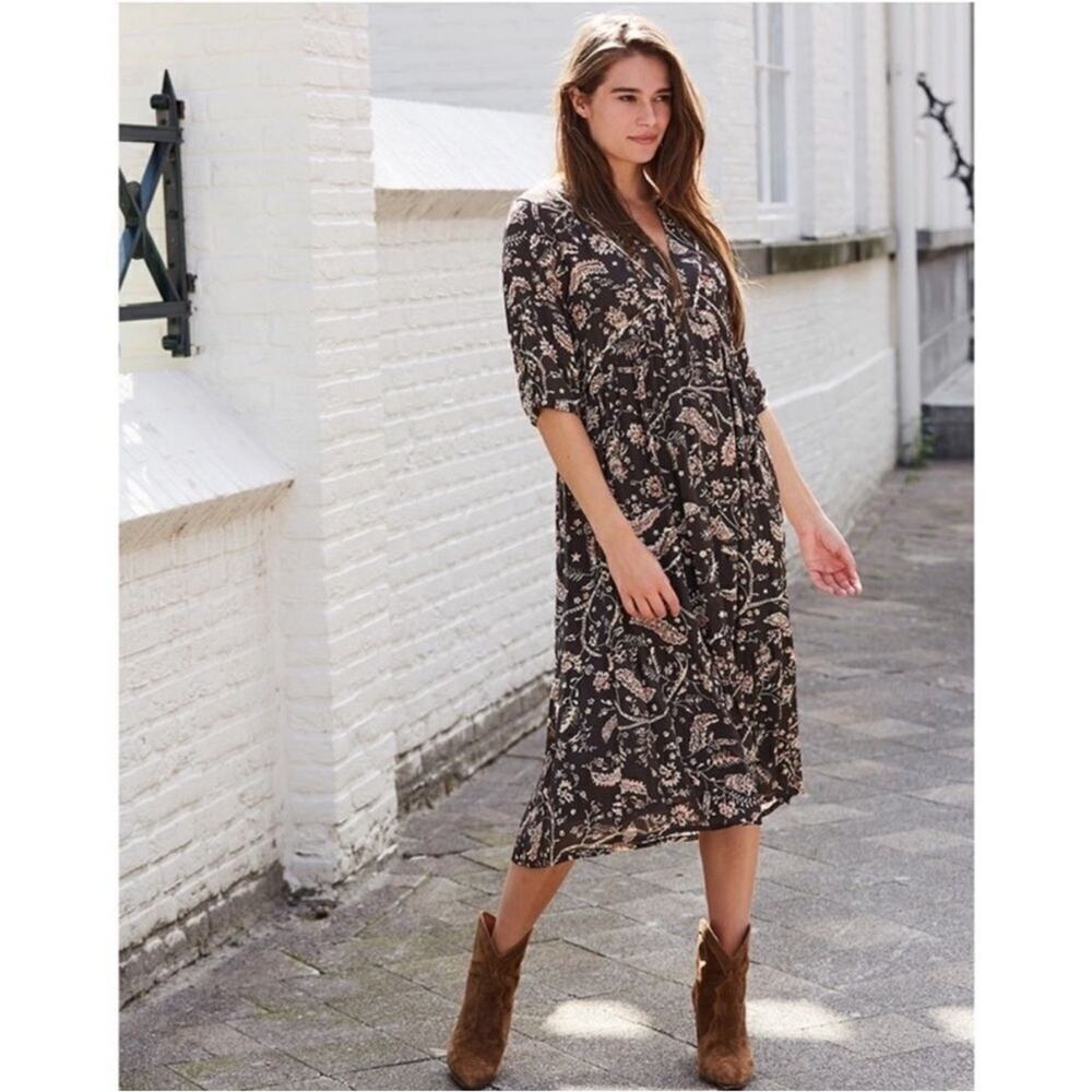 ba&sh Cherry Midi Shift Dress Babydoll V-Neckline Brown Floral Women’s US 6